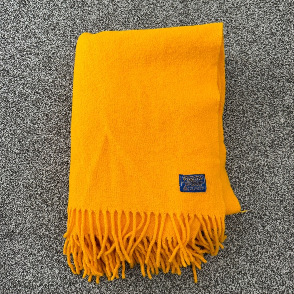 Vintage PENDLETON Throw Blanket Virgin Wool Bright Yellow 66x47 Fringe USA Made